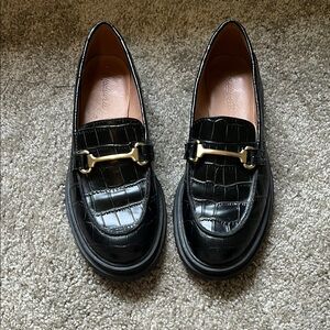 Madewell Black Croc-Embossed Chunky Loafers with Gold Bit Detail Size 9